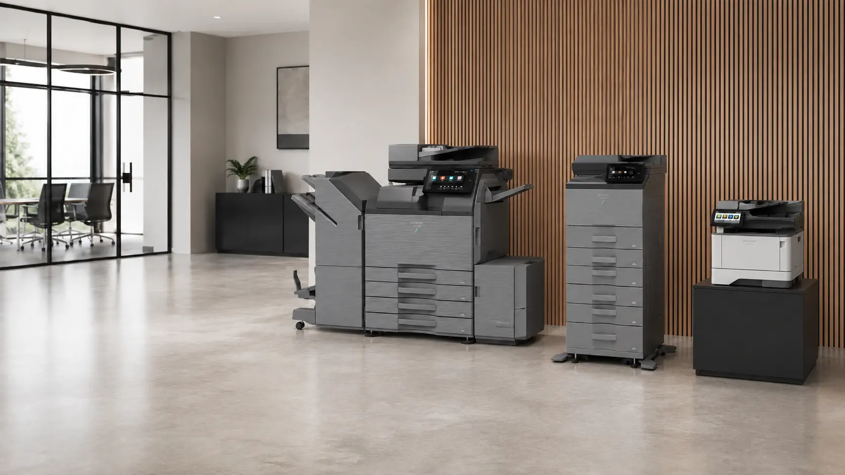 Photocopiers and printers in an office setting.