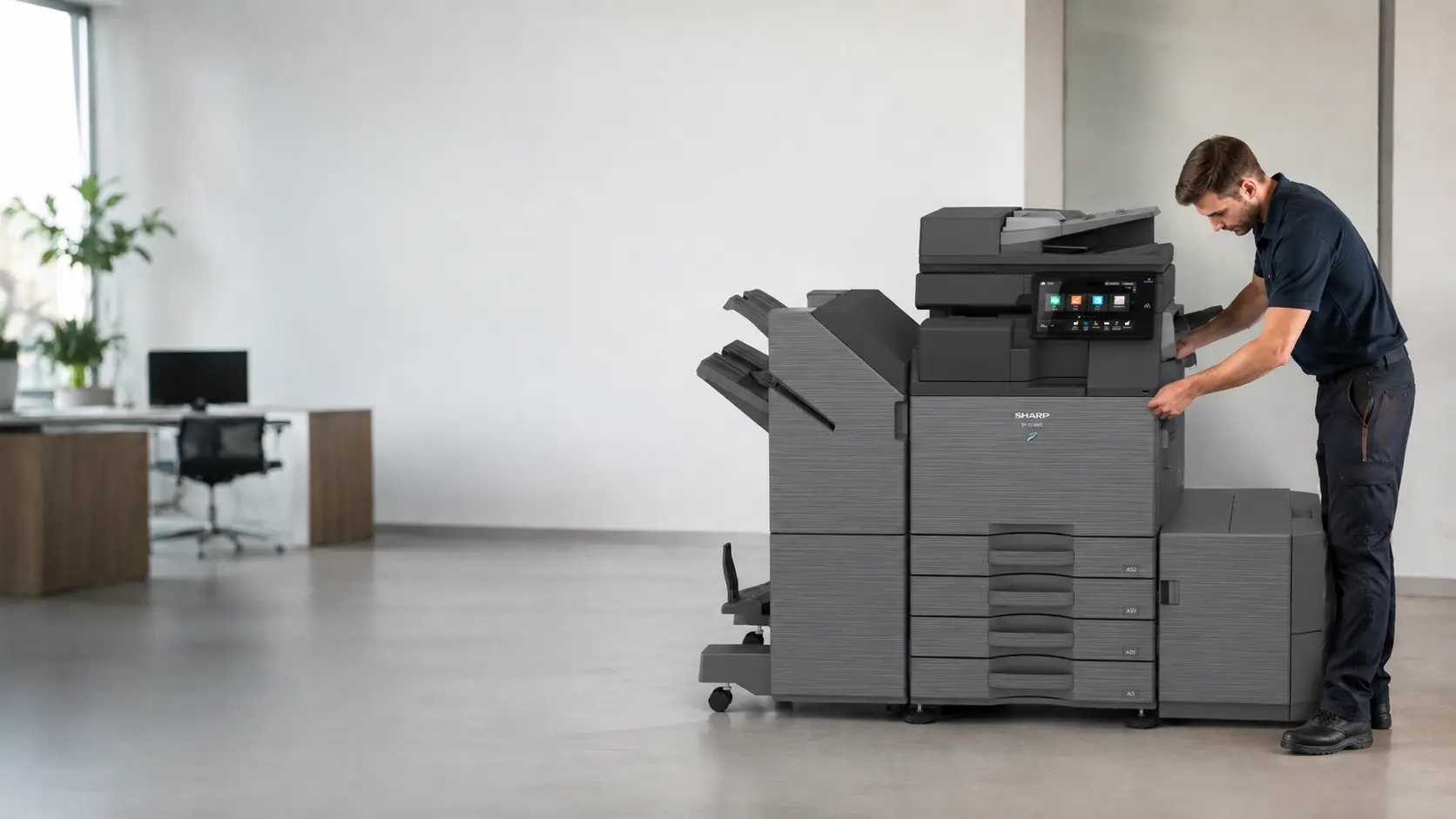 Illustration of photocopier and printer servicing and repairs.