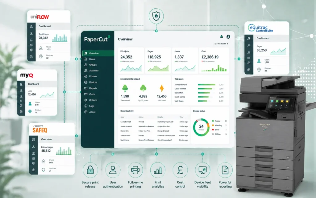 Print management software dashboards alongside a multifunction printer